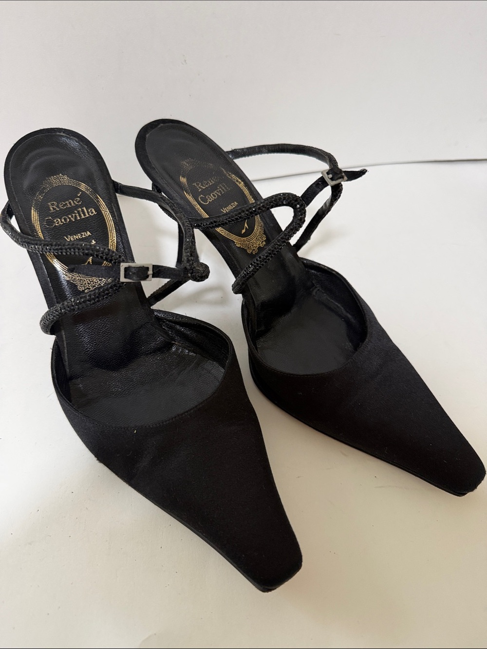 Rene Caovilla Black Pointed-Toe Multi-Strap Heels